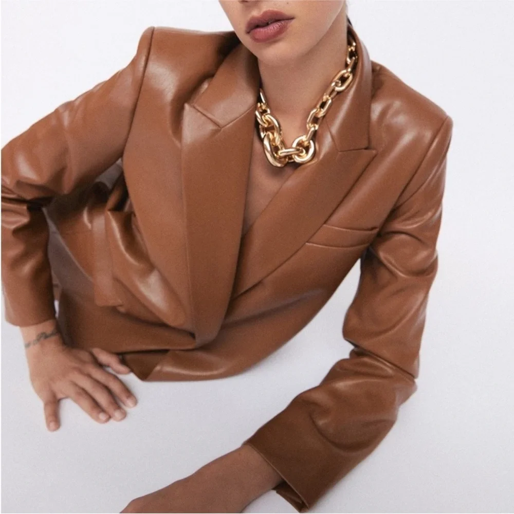 Zara Brown Faux Leather Blazer - Picture 6 of 13